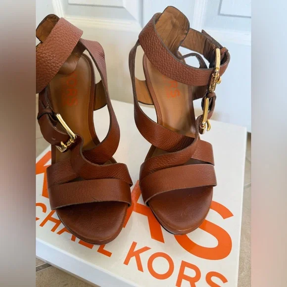 Kors Michael Kors Strappy Leather Cognac Gold Hardware Heels - Picture 2 of 7